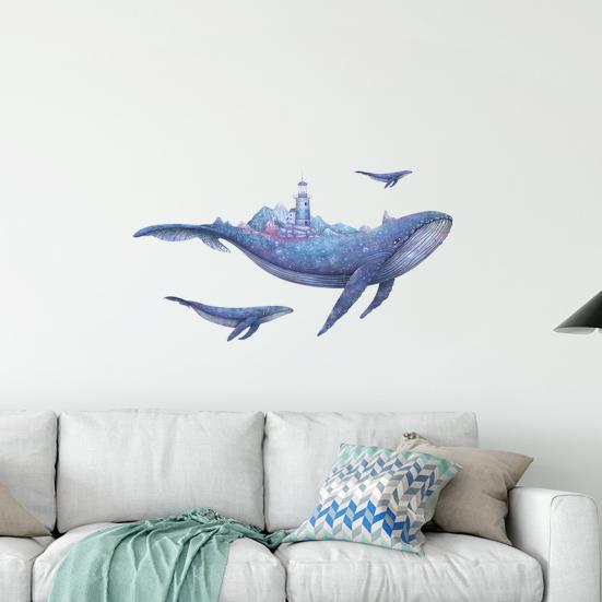Blue Whale Wall Stickers, Waterproof PVC Wall Decals with Lighthouse And Stars, Peel And Stick Removable Marine Life Decals for Living