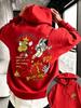 American-style Street Astronaut Graffiti Double-sided Printed Hooded Oversized Loose-shoulder Long-sleeved T-shirt for Couples