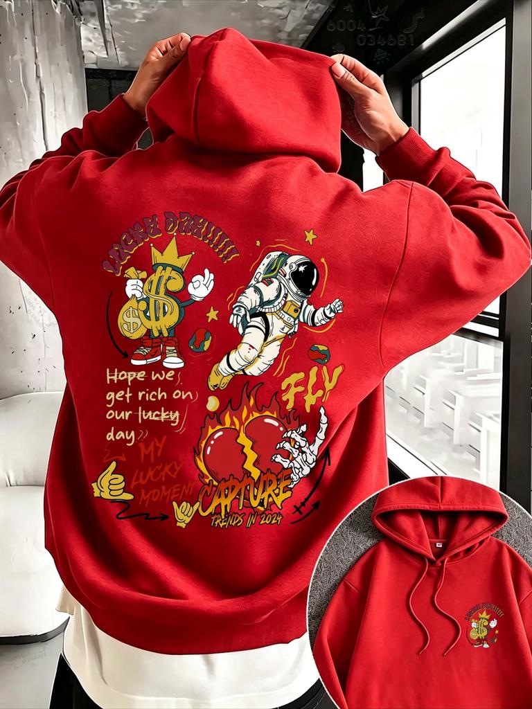 American-style Street Astronaut Graffiti Double-sided Printed Hooded Oversized Loose-shoulder Long-sleeved T-shirt for Couples