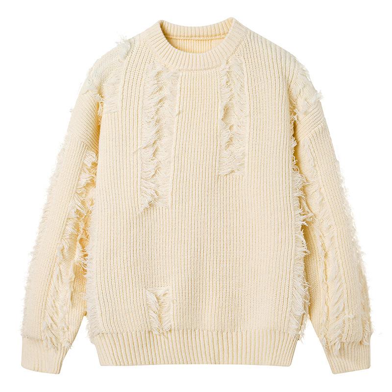 Unisex Fringe Textured Sweater, Loose Round Neck Knitwear - Japanese Lazy Style, Perfect for Autumn/Winter