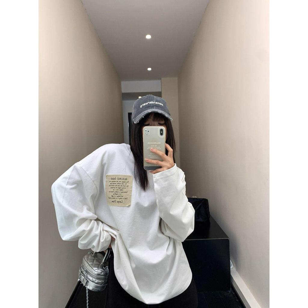2025 New Arrival: European-Style White Long-Sleeve Women's T-Shirt, Mid-Length Loose Fit, Pure Cotton Base Layer for Autumn/Winter