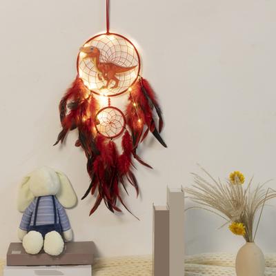 Dinosaur Drømmefanger Ornament Barn Faux LED Lys Fjær Drømmefanger Håndlaget hjemmeinnredning Bursdagsgave