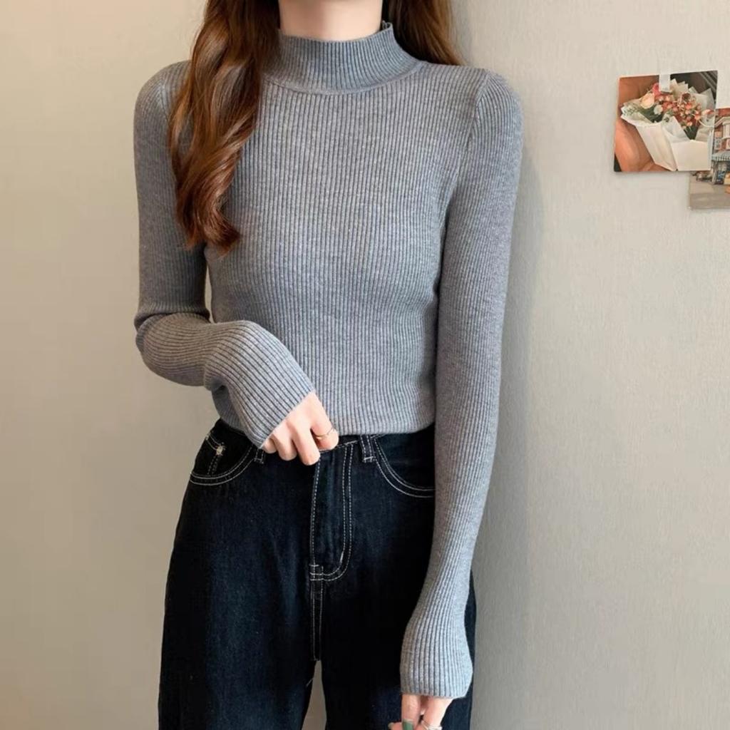 Spring and Autumn Winter Long Sleeve Sweater Women's Interior Tailored Bottom Shirt Half High Collar Korean Edition Knitted Shirt Women's Top