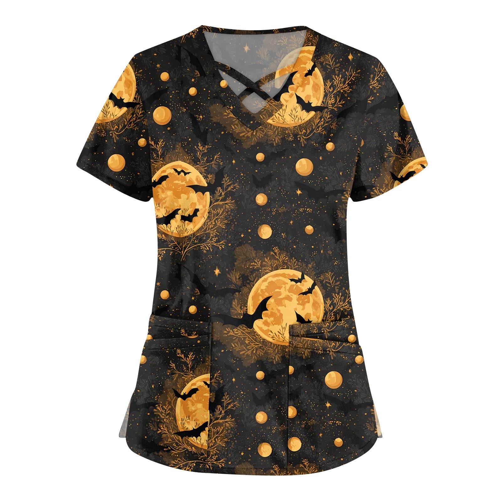 

Women s Fashion V-Neck Short Sleeve Overalls Double Pocket Halloween Printed Tops Apparel XXXXXL чорний