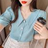 Women's Peter Pan Collar Short Sleeve Blouse Regular Fit Sweet French Vintage Shirt Summer Puff Sleeve Textured Short Top
