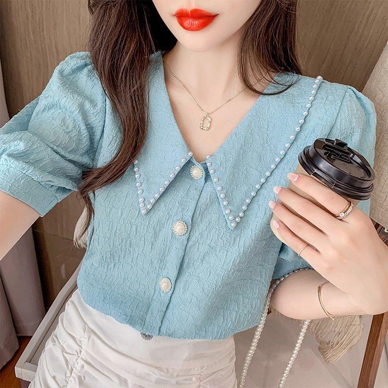 Women's Peter Pan Collar Short Sleeve Blouse Regular Fit Sweet French Vintage Shirt Summer Puff Sleeve Textured Short Top