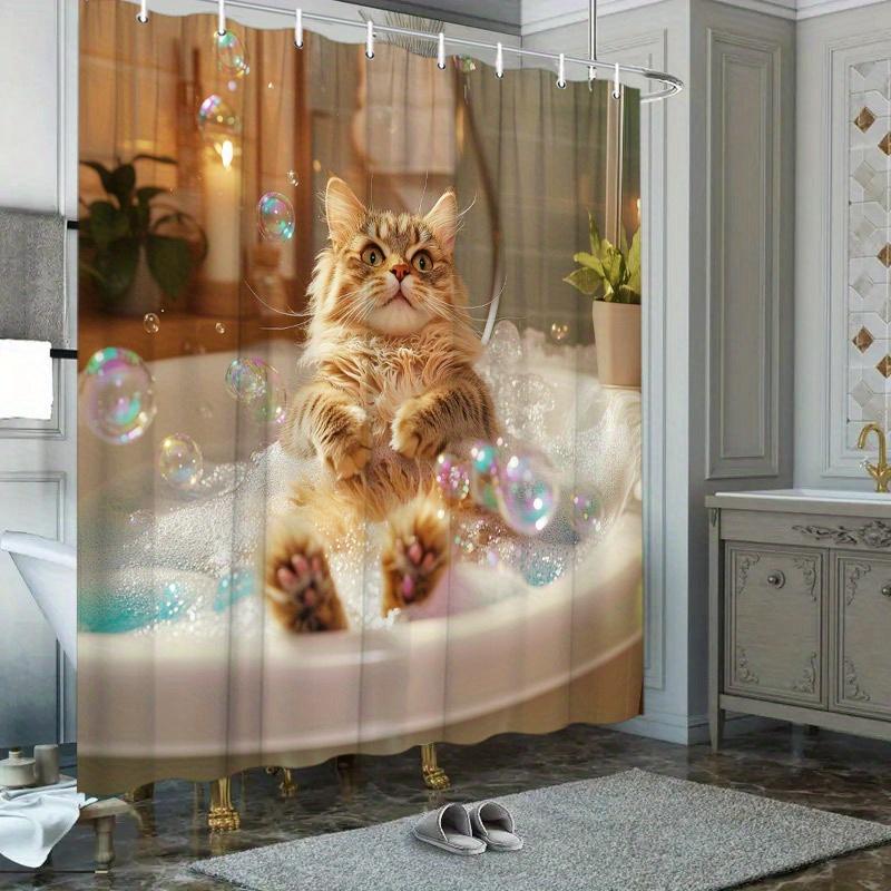 Cute Cat Bubble Shower Curtain Waterproof Polyester Bathroom Decor Shower Screen Pet Themed Home Accessories Gift Ideas