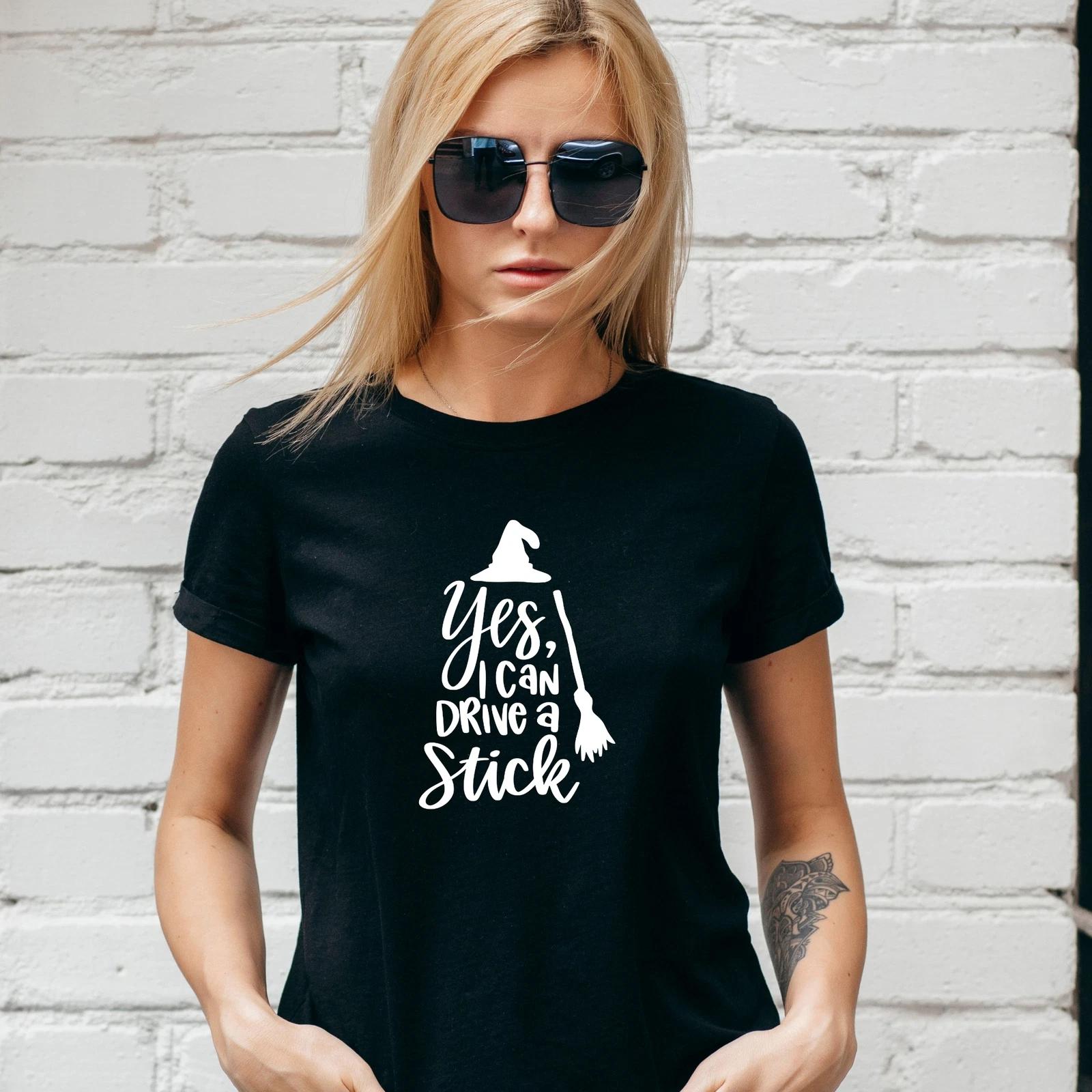 YES I CAN DRIVE A STICK T-SHIRT, HALLOWEEN FallNWITCH PAGAN, Unisex/Lady Fit S