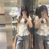 Korean girl lace splicing polka dot short-sleeved t-shirt women's summer slim and thin sweet and spicy shoulder top