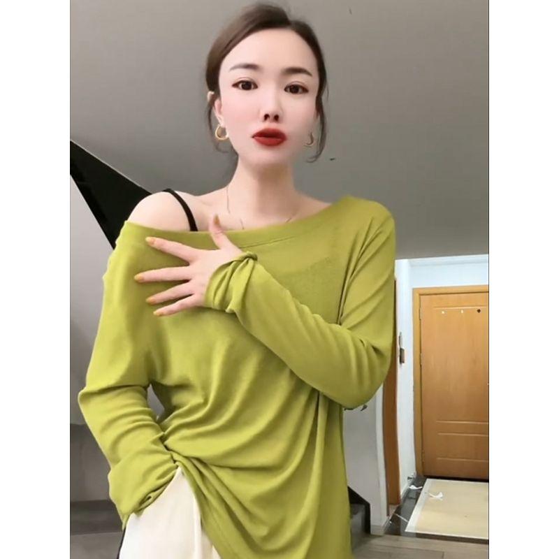 

European Goods Stylish off-Shoulder off-Shoulder Slightly Transparent Long Sleeve Mesh Tops Women s Summer New Arrival Loose Sun Protection T-shirt Green L