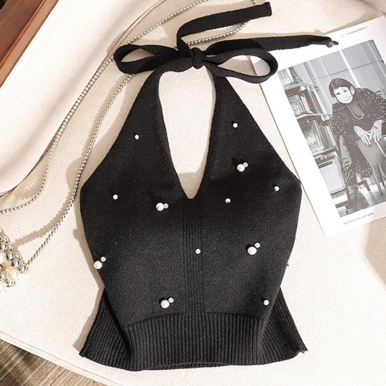Women Tops Halter Neck Beaded Faux Pearls Camisole Soft Stretchy Loose Fit Solid Color Knitting Tops Work Party Wear