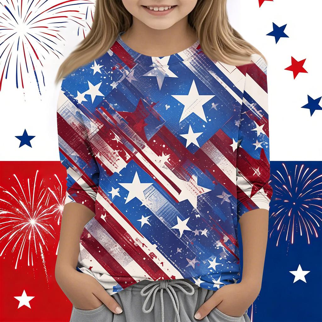 Print Tops For Youth Girls Round Neck 3/4 Sleeves T-Shirts Trendy Tops Outfit Tees Independence Day