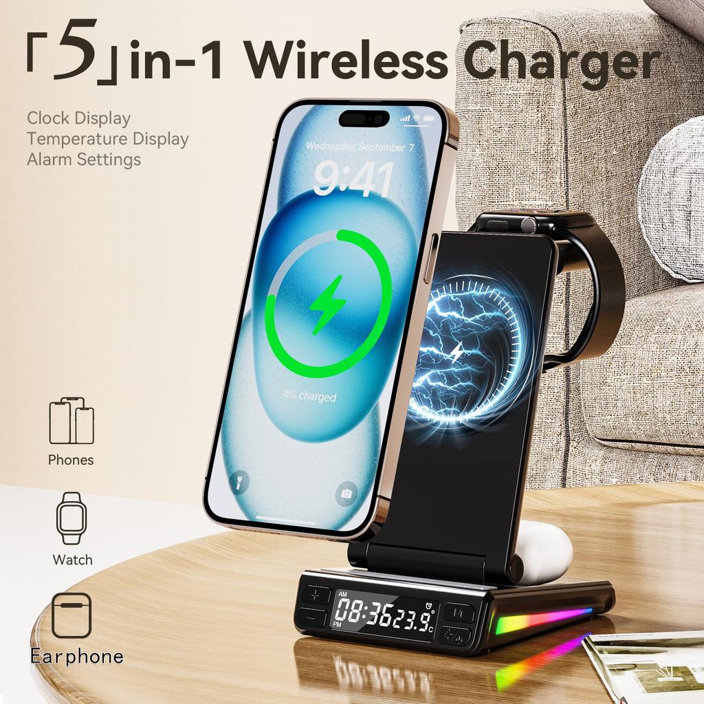 Accesorios Innovadores Para Celulares RGB Light Foldable With Clock Temperature Display 5 In1 Wireless Charger for Iphone 16 Pro