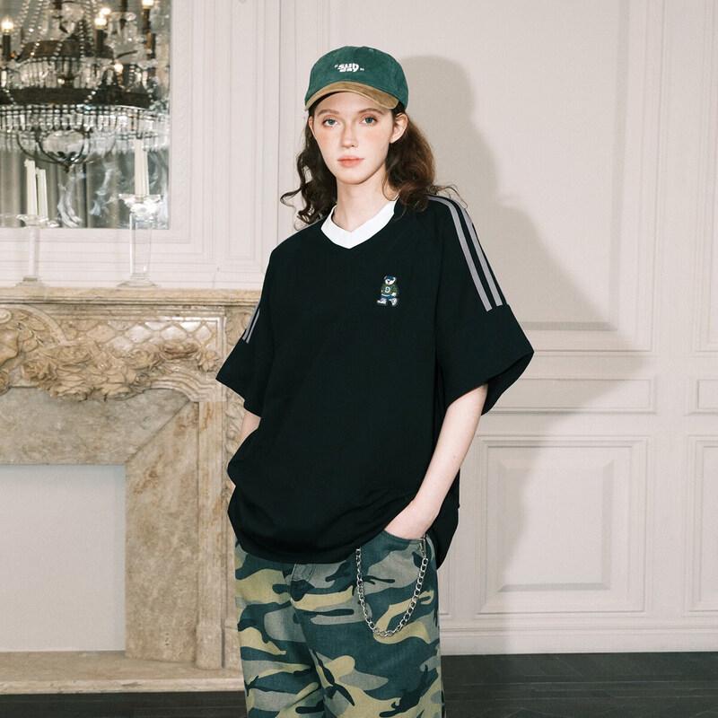 ICH MODE Women s Summer Little Bear Series Sorona Cool Raglan Striped V-neck T-shirt M