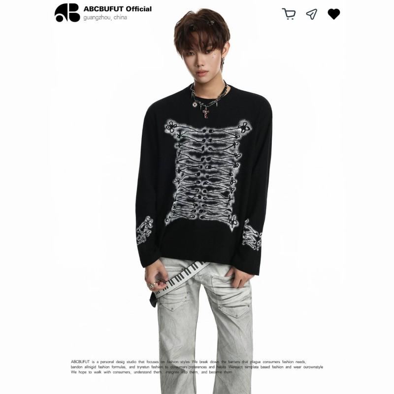 Double-breasted Long Sleeve T-Shirt Men Women Casual Round Neck Top All-match Streetwear