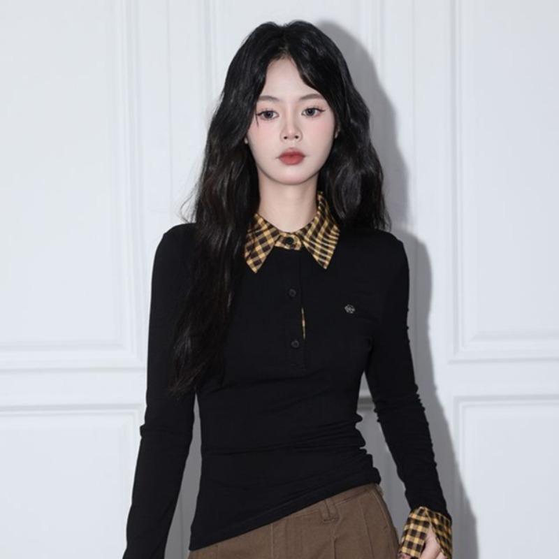 Spring and Autumn Women's New Stitching Plaid Fake Two-Piece Long-Sleeved Slim-Fit Polo Collar T-Shirt