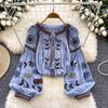 Women's Light Blue Ethnic Style Embroidered Top with Fringed Neck Tie
