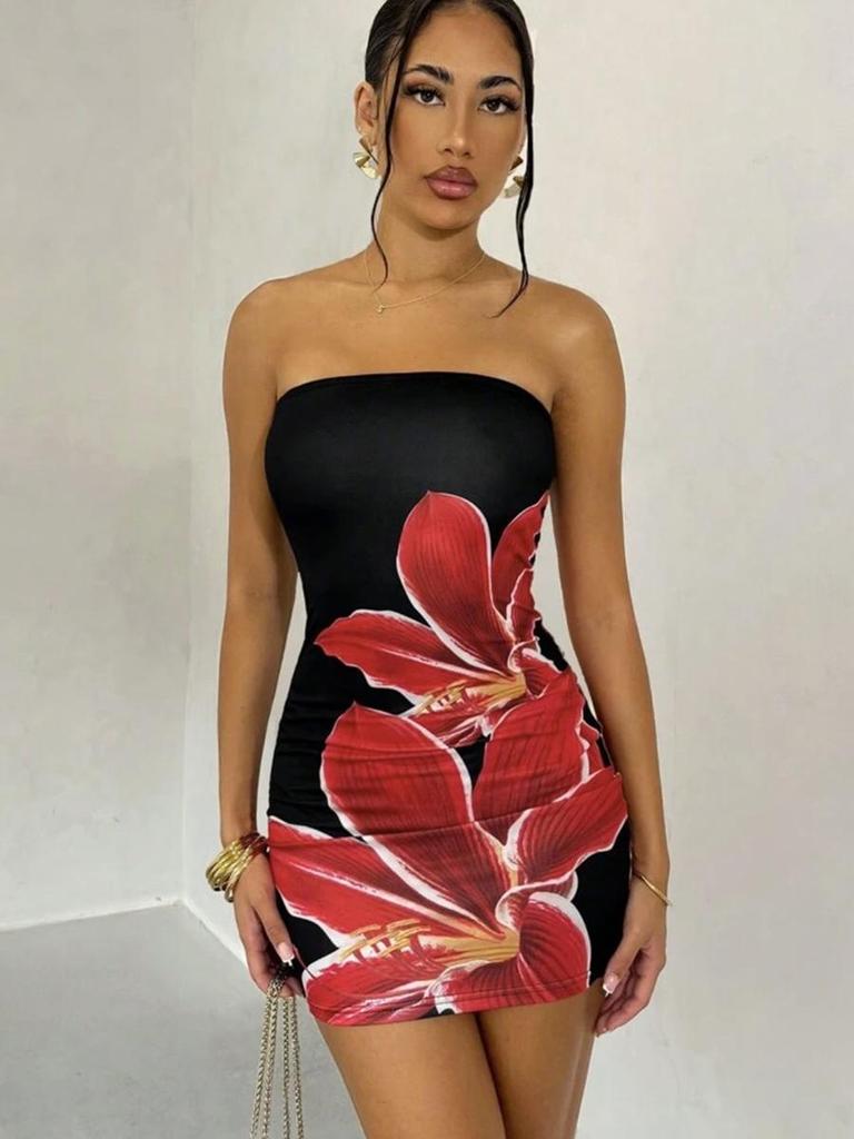 Sexy Women's Summer Mesh Off-Shoulder Floral Print Bodycon Mini Dress