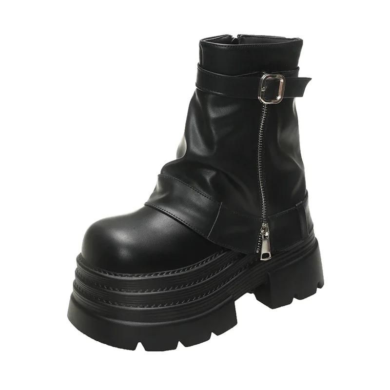 10CM Women's Autumn Winter Leather Ankle Boots Heels Chunky Platform Combat Boots New Non Slip Motorcycle Shoes Woman Punk Boots