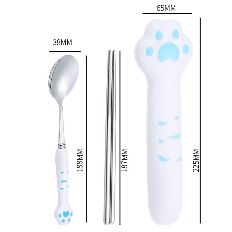 Cute Cat Paw Cutlery Set Stainless Steel Fork Spoon With Storage Box Dinnerware Tableware Silverware Lunch Portable Tableware