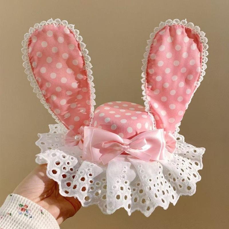 Pink Rabbit Ear Bow-patterned Polka Dot Hat Hairpin, Cute and High-end Clip Hair Accessory for Birthday Headwear