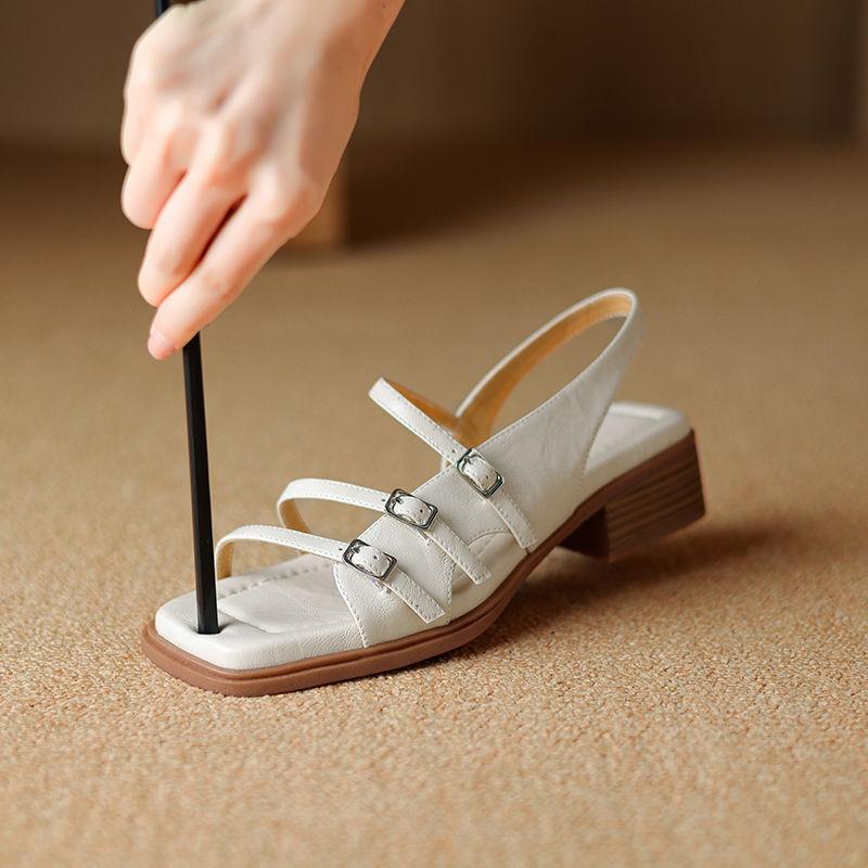 Age-reducing retro square head thick heel multi-word buckle with open toe, spring and summer 2025 new Roman sandals women's shoes