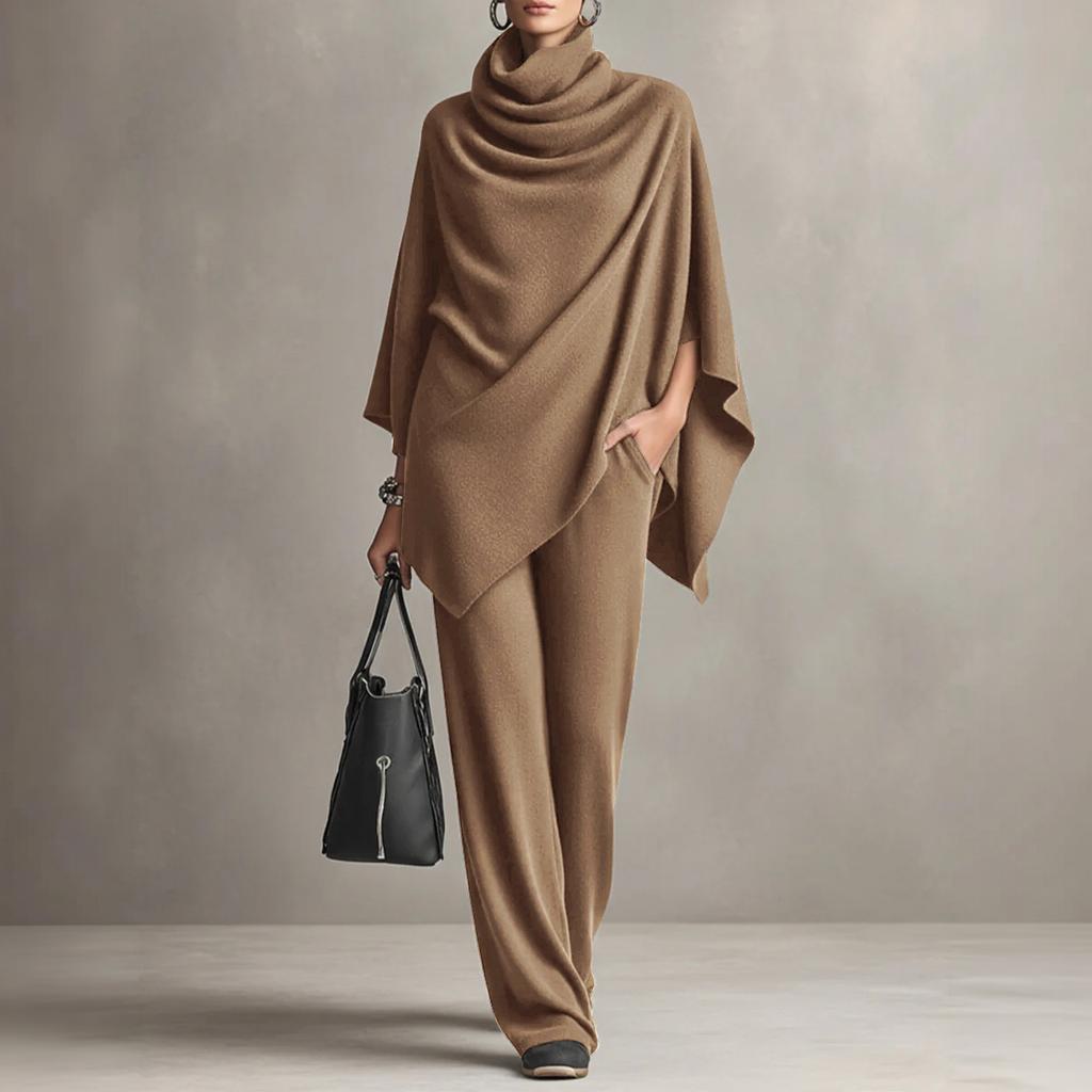 Women's Cozy Cowl Neck Cape Top and Wide Leg Pants Two Piece Set for Casual Daily Wear