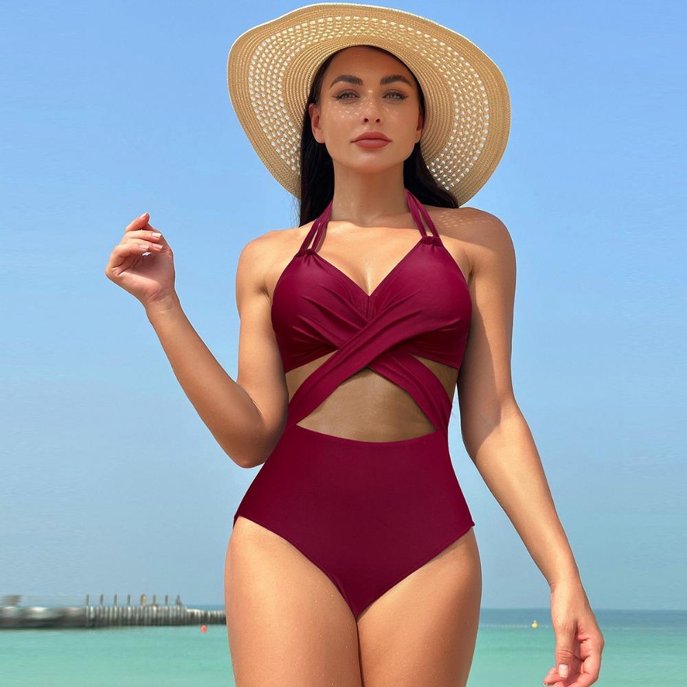 European and American One-piece Swimsuit Women's Solid Color Mesh Bikini Swimwear