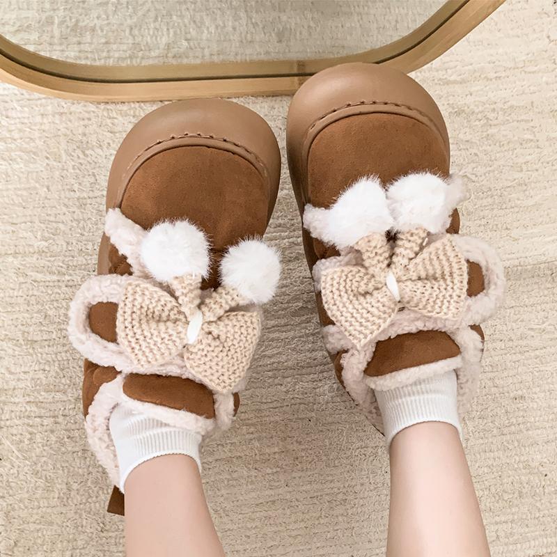 Fashion Cute Fluffy Winter Boots for Women 2025 Faux Fur Bowtie Pink Snow Boots Woman Warm Plush Kawaii Ball Ankle Boots Shoes Woman
