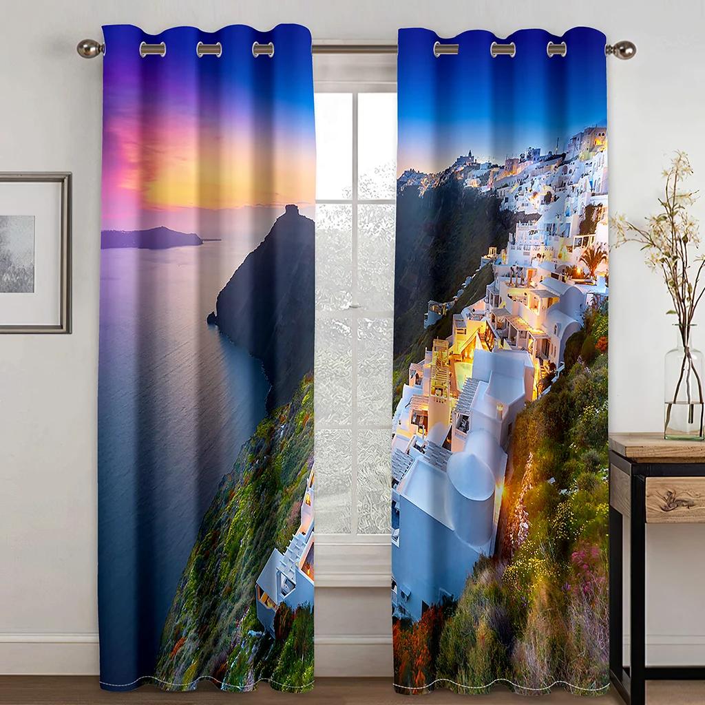 Vacation Style High Shading Curtain Aegean Sea Santorini Island Beach Blackout Curtains for Bedroom Living Room Hotel Window