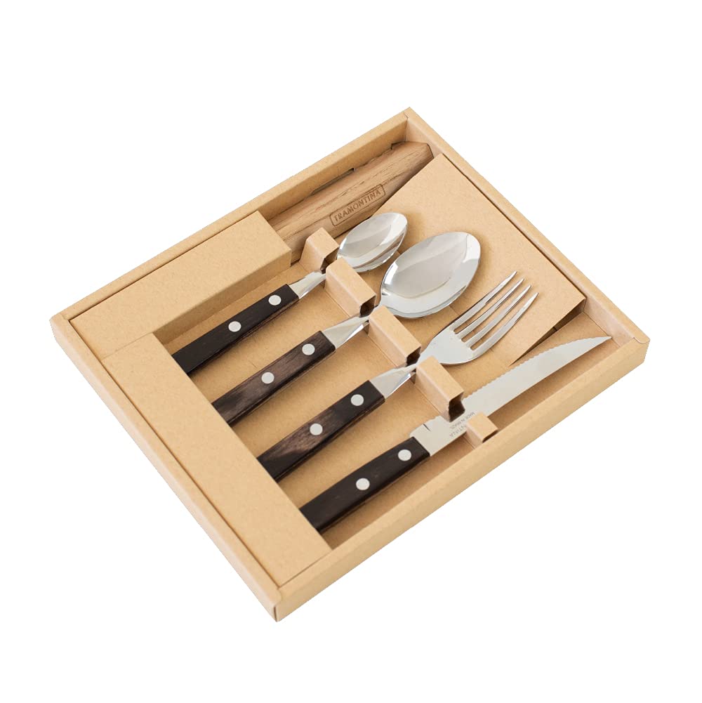Tramontina Polywood Highly durable natural wood handle table cutlery set of 4 cutlery rest Dishwasher safe 3 degree heat treated knives Dark