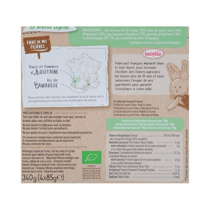 Babybio gourde brassé coco kiwi banane 4 gourdes de 85g