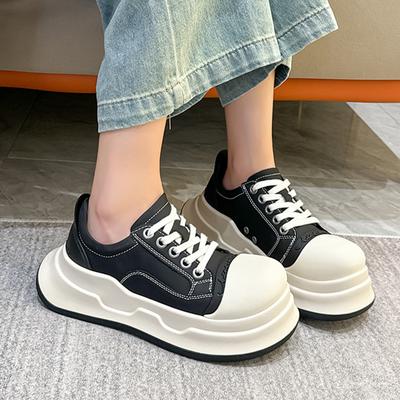 New Women's Trendy Retro Casual Thick-soled Canvas Shoes Genuine Leather Bread Shoes College Style Korean Style Sports Shoes