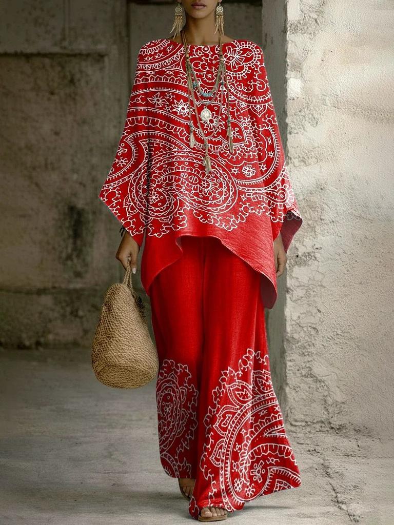European and American retro bohemian suit exotic print loose top wide-leg pants temperament casual two-piece set