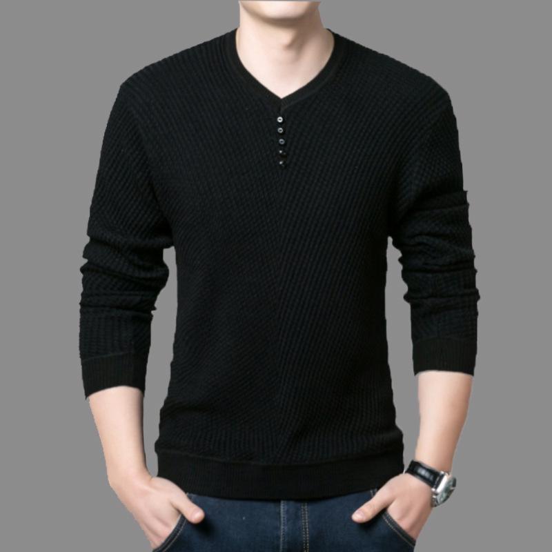 Casual Youth Fleece Lined Thickened Solid Color Minimalist V - Neck Sweater Fashion Versatile Pullover Base Layer For Men