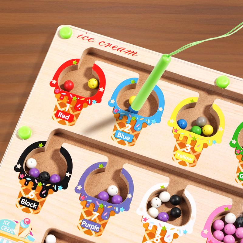Montessori Magnetic Color Sorting Games Maze Board Pen Moving Bead Games Wooden Control Sensory Play Educational Toys for Kids