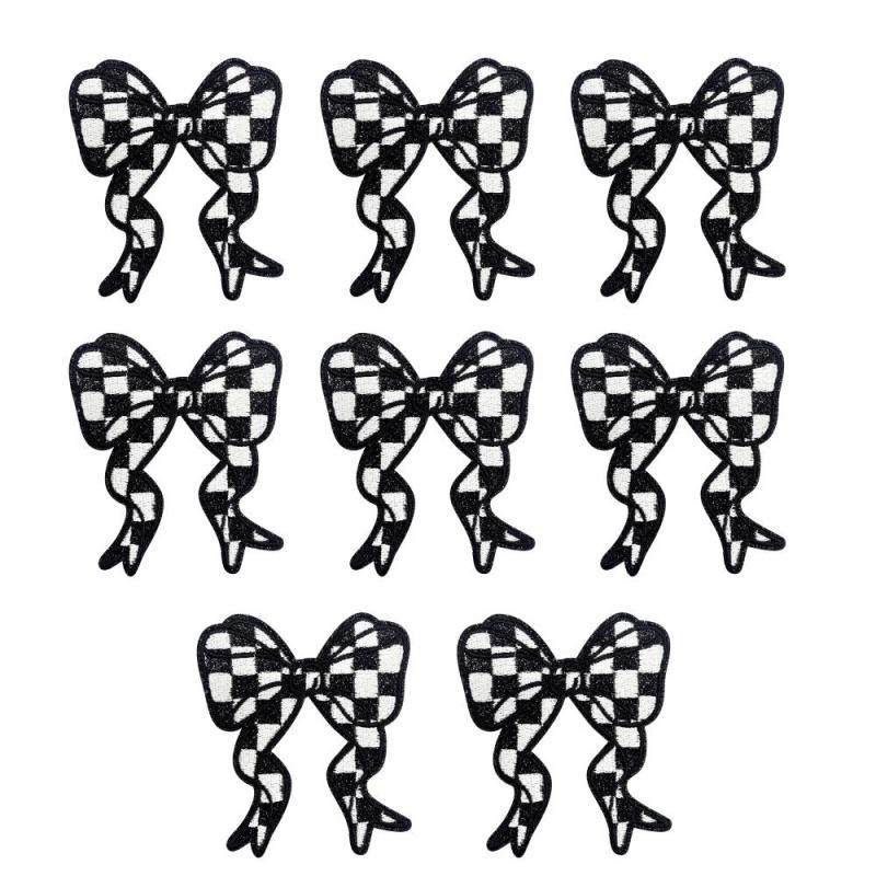 8 Pcs Checkerboard Bow Embroidery Patch Sequin Applique Ribbon Bow Tie Patch Iron on Sew on Clothing Accessories Custom Design 8pcs/set чёрный