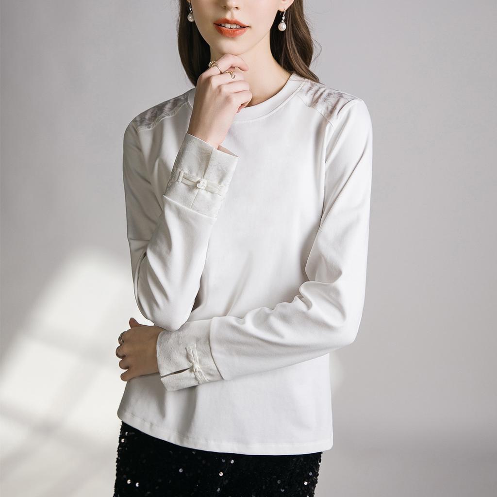 Satin jacquard splicing crew neck shirt blouse summer new thin light Chinese top women