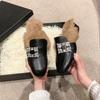 2024 Women's Brand Design Crystal Buckle Party Slippers Luxurious Rabbit Fur Mules Women's Square Toe Thick Heel Slippers