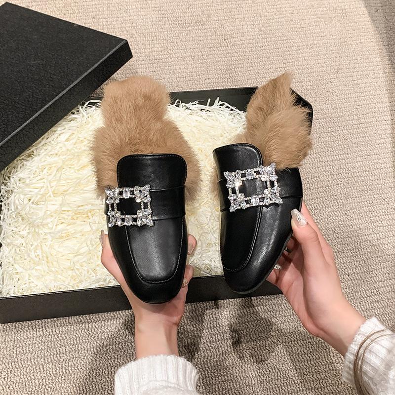2024 Women's Brand Design Crystal Buckle Party Slippers Luxurious Rabbit Fur Mules Women's Square Toe Thick Heel Slippers