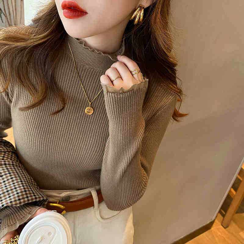 Semi-turtleneck Bottoming Shirt for Women's Autumn and Winter High-end Sense, Foreign-style Lace Splicing, Sweater Inside, Thin Cashmere Knitted Top