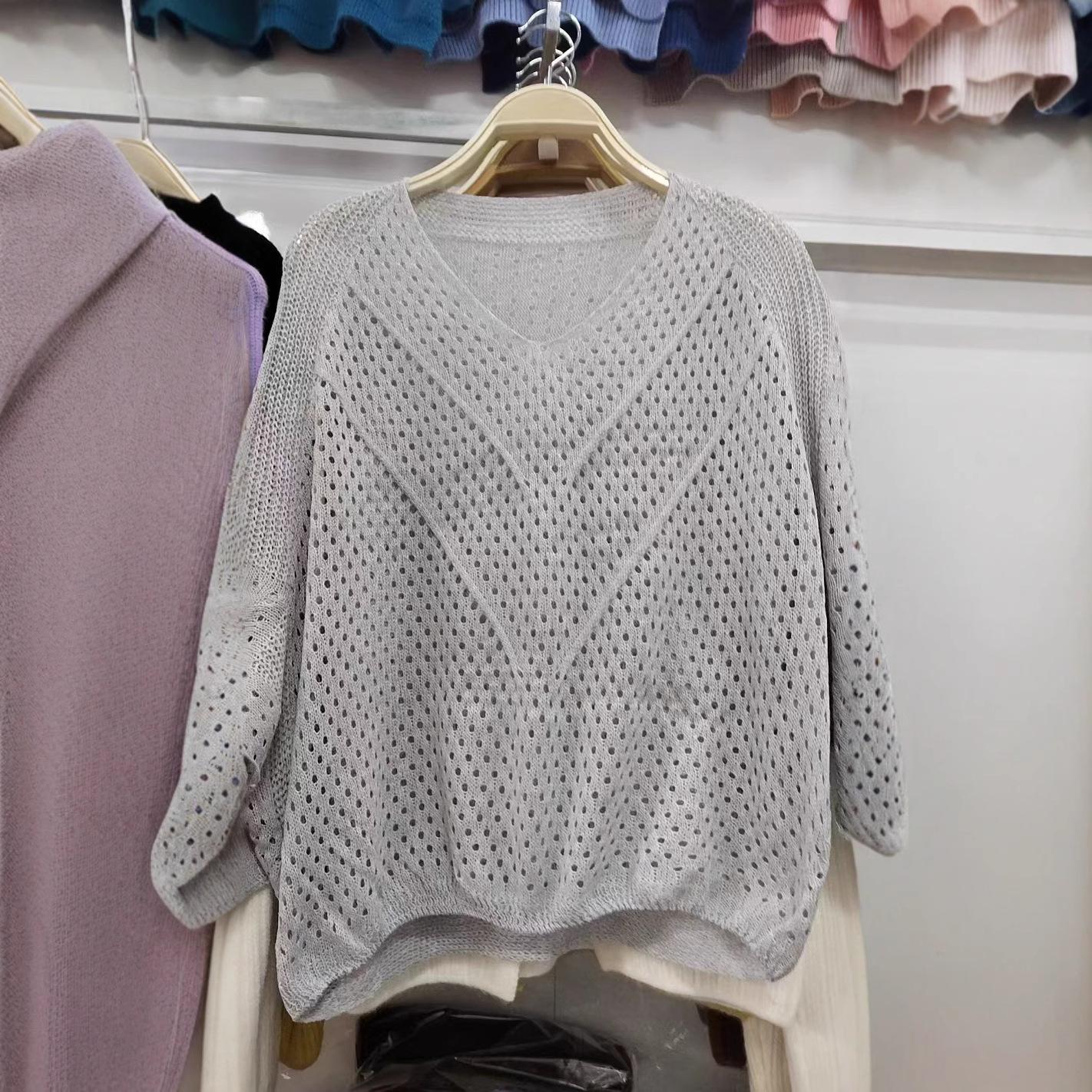 

Летняя блузка с V-образным вырезом, рукавами «летучая мышь» длиной семь восьмых, ажурная, женская, популярная, свободная и тонкая, верхняя одежда, вязаный свитер Average size