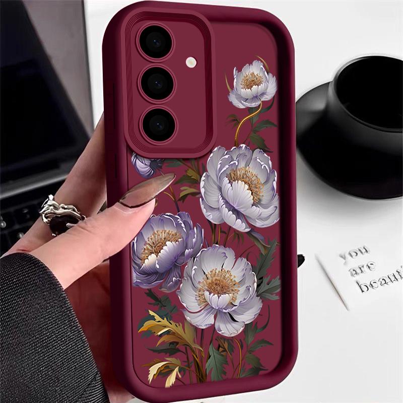 

Противоударный чехол с фиолетовым цветочным узором для Samsung S25 S24 S23 S22 Ultra A15 A55 A35 A34 A06 A05 A53 A54, мягкий силиконовый матовый защитный чехол для линз Samsung A56 5G вино красного