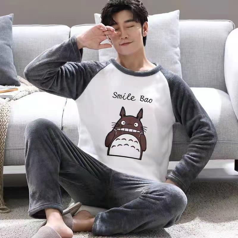 Vinter Fortykkede Varme Flanel Mænd Pyjamas Sæt Langærmet Koralfløjl Nattøj Hjemmetøj Tegneseriebjørn Nattøj Loungewear