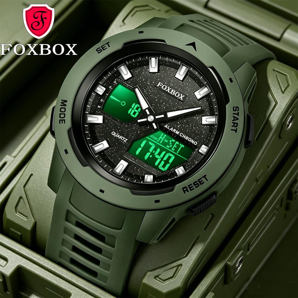 FOXBOX Military Alarm Men Watches Silicone Stopwatch LED Digital Backlight Dual Time Display Waterproof Watch Men Orologio Uomo