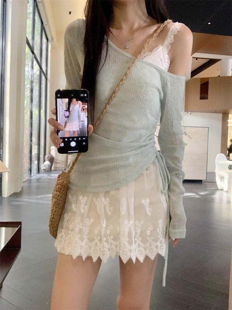 Damen Sommer 2025 Urlaubsstil Set: Spitzen-Camisole, Schulterfreier Kordelzug-Cardigan mit dünnen langen Ärmeln zum Sonnenschutz