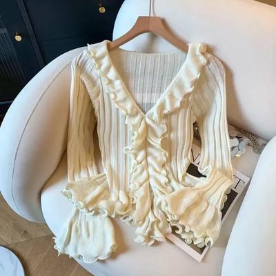 Autumn Winter New Flared Sleeves V-neck Temperament Sweater Top French Ruffle Knitted for Women