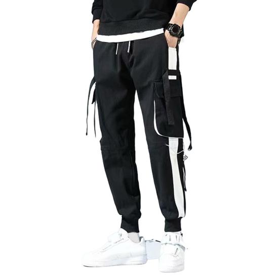 Men Cargo Pants Strap Decor Multi Pockets Loose Elastic Waist Ankle-banded Color Matching Hip Hop Streetwear Work Outdoor Trousers