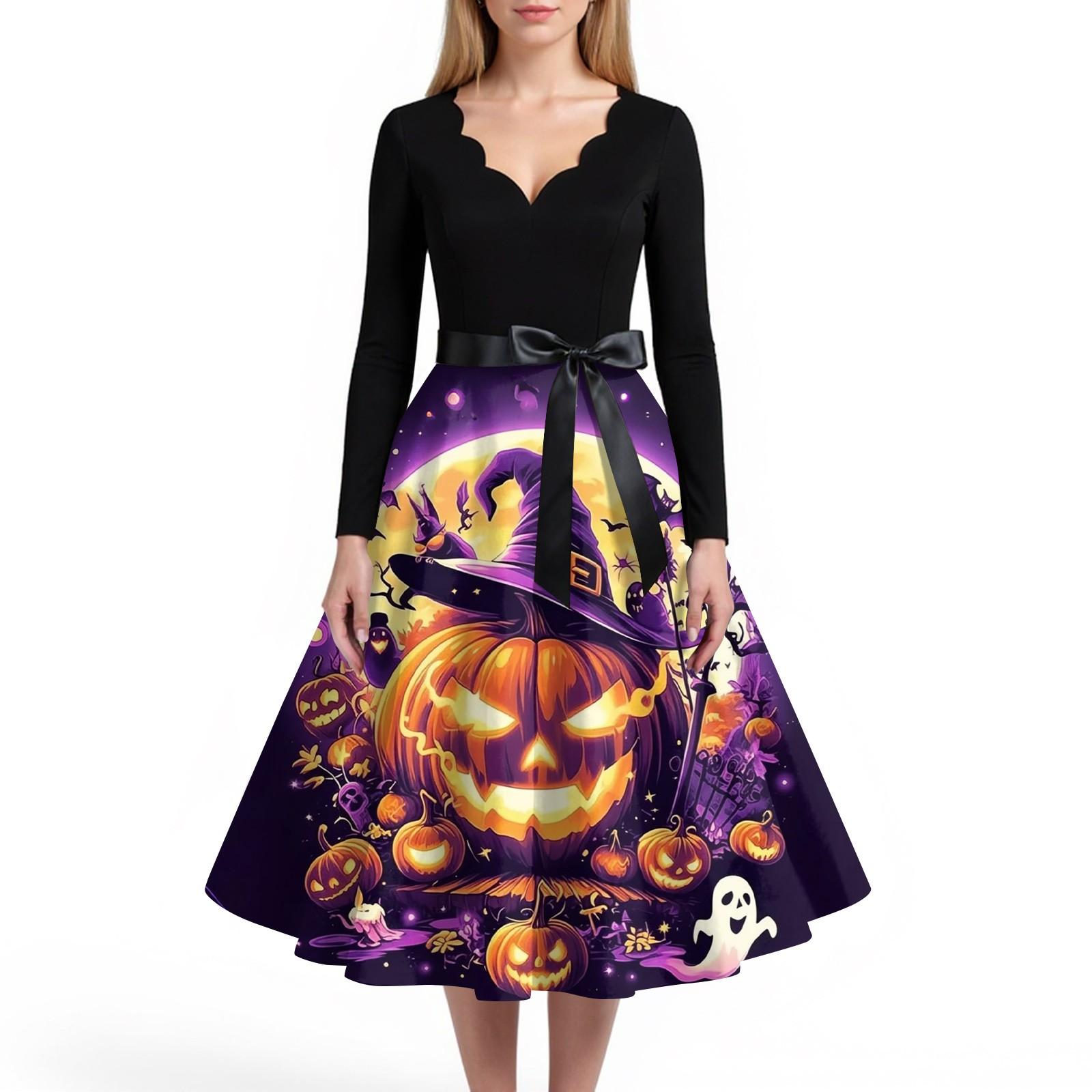 

Женское повседневное и модное платье с V-образным вырезом и длинными рукавами с принтом на Хэллоуин S золотой