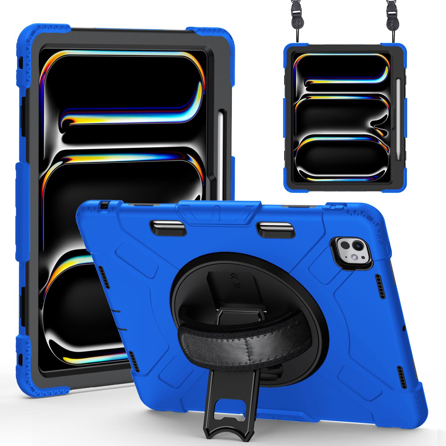 

For iPad Pro 13 (2024) Kickstand Case Shockproof Tablet Cover with Shoulder Strap Blue